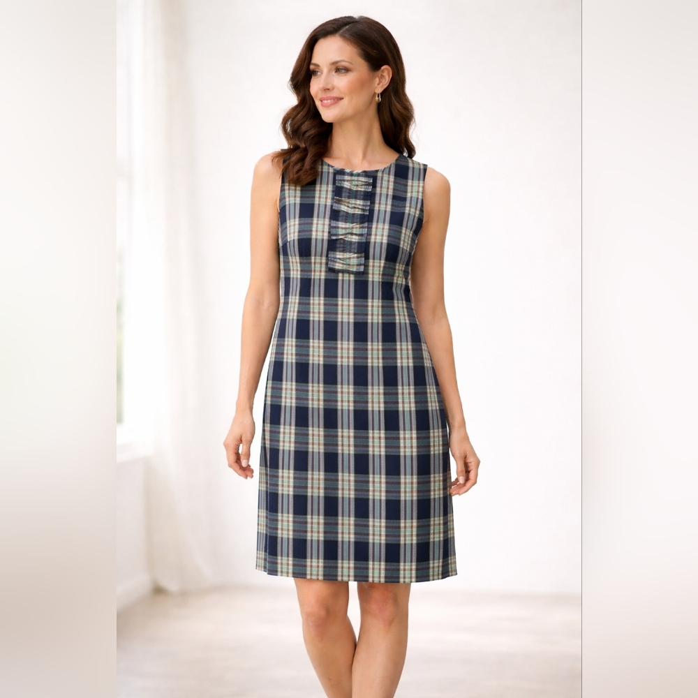 Talbots Plaid Sheath Dress Sz 4 Navy Green Work